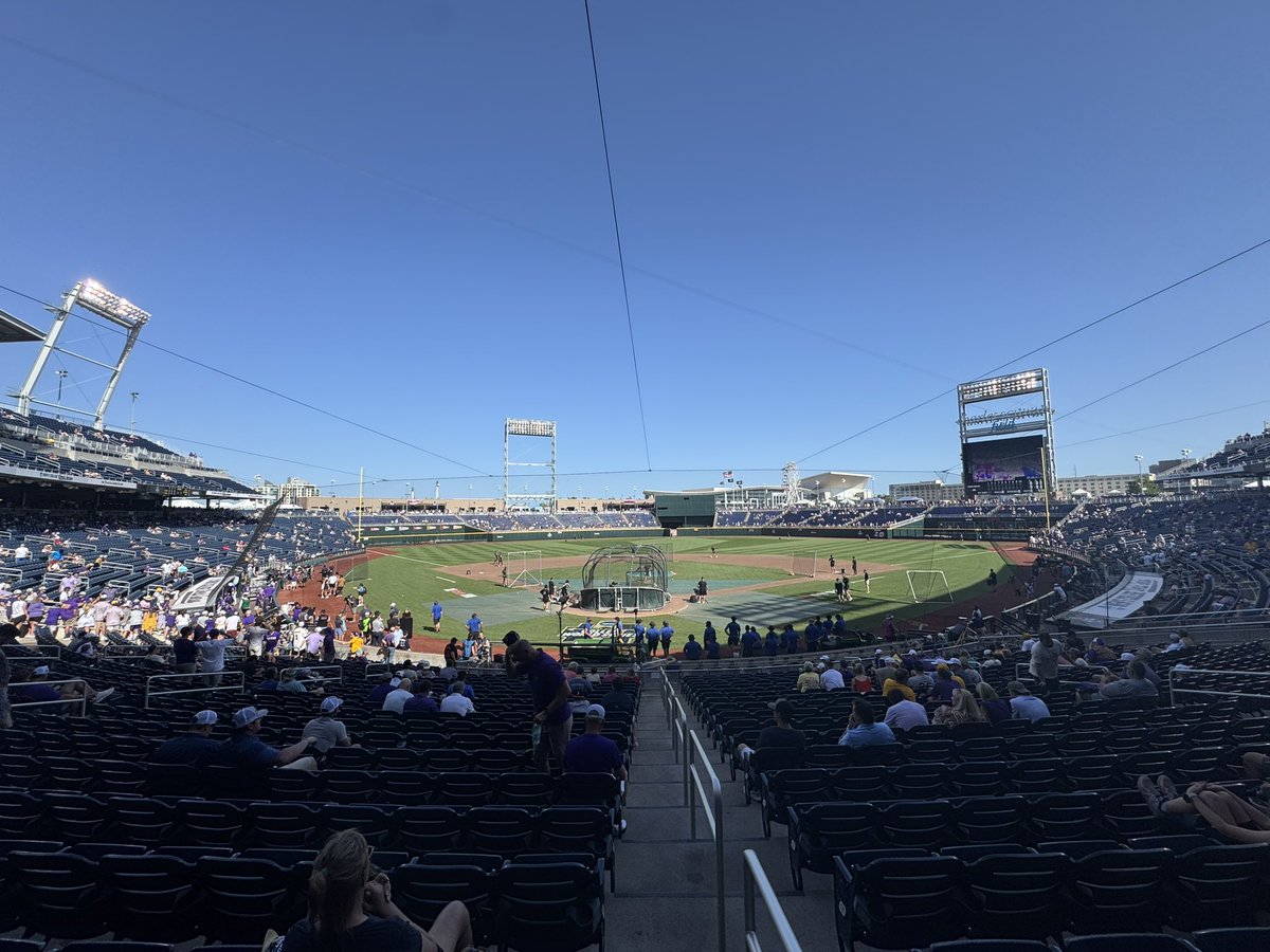 Just about an hour away from the CWS Finals first pitch between Coastal Carolina and LSU.

About 90% LSU fans and .00025% Rice fans in attendance.

Texas Forever
