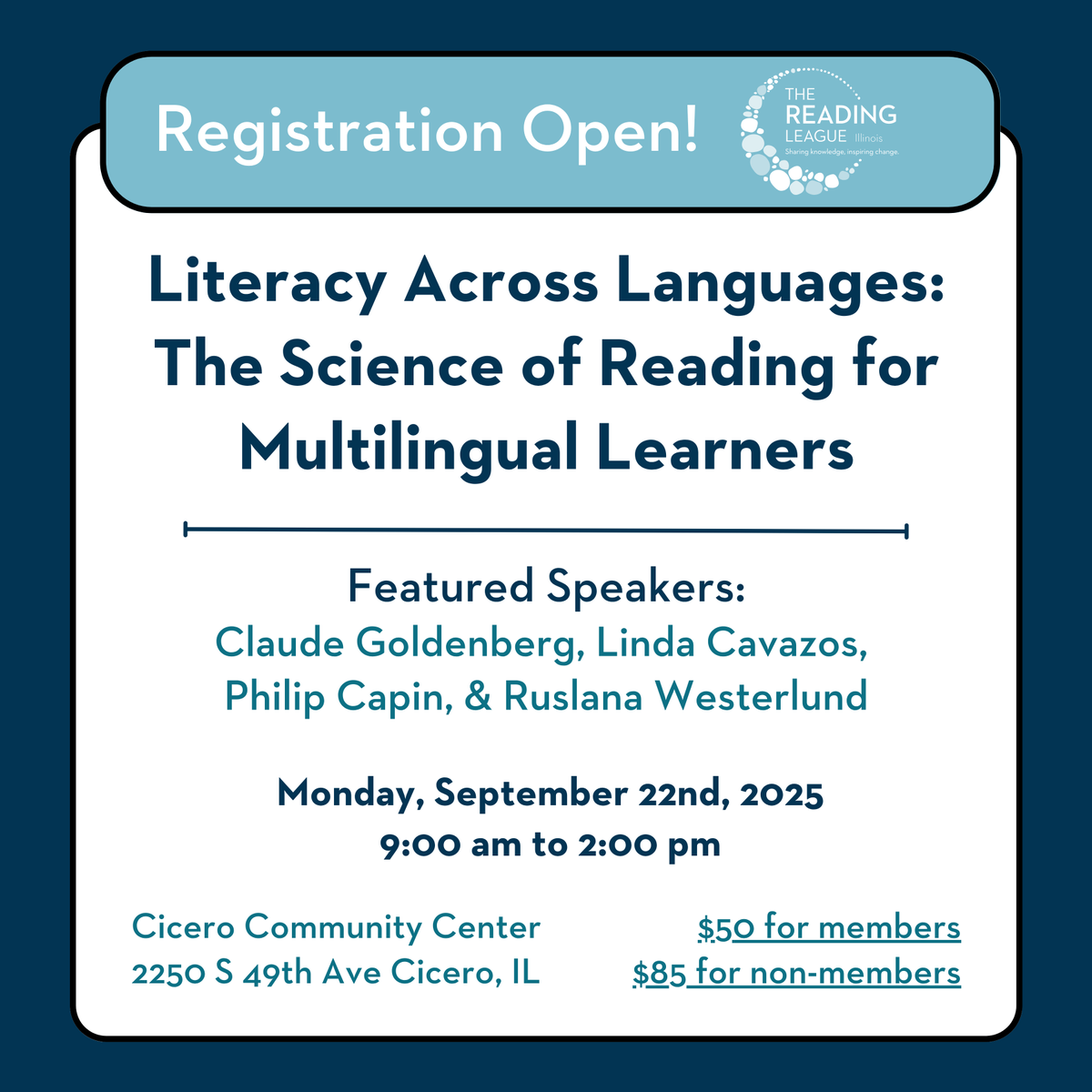 ReadingLeagueIL's tweet image. Registration is open! Join us for our first TRL IL event: Literacy Across Languages: The Science of Reading for Multilingual Learners
🗓️ Sept 22, 2025 | 9am–2pm
📍 Cicero Community Center
Register: zeffy.com/en-US/ticketin…
Membership: zeffy.com/en-US/ticketin…