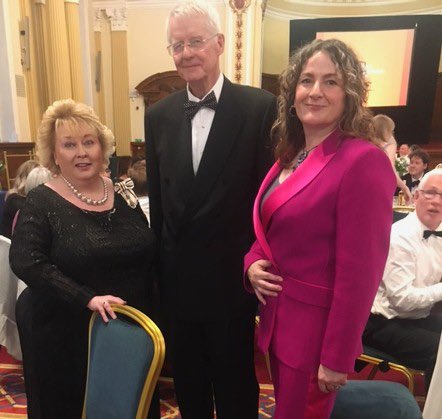 A wonderful celebration of music and achievement at the Gala dinner at Belfast's City Hall to mark the 150th anniversary of @belfphil. With Katherine Hanratty, Chair of the choir and Leslie Morrison, Chairman of The Ulster Orchestra. Warmest Congratulations to you all. 🌟👏🎶🎵