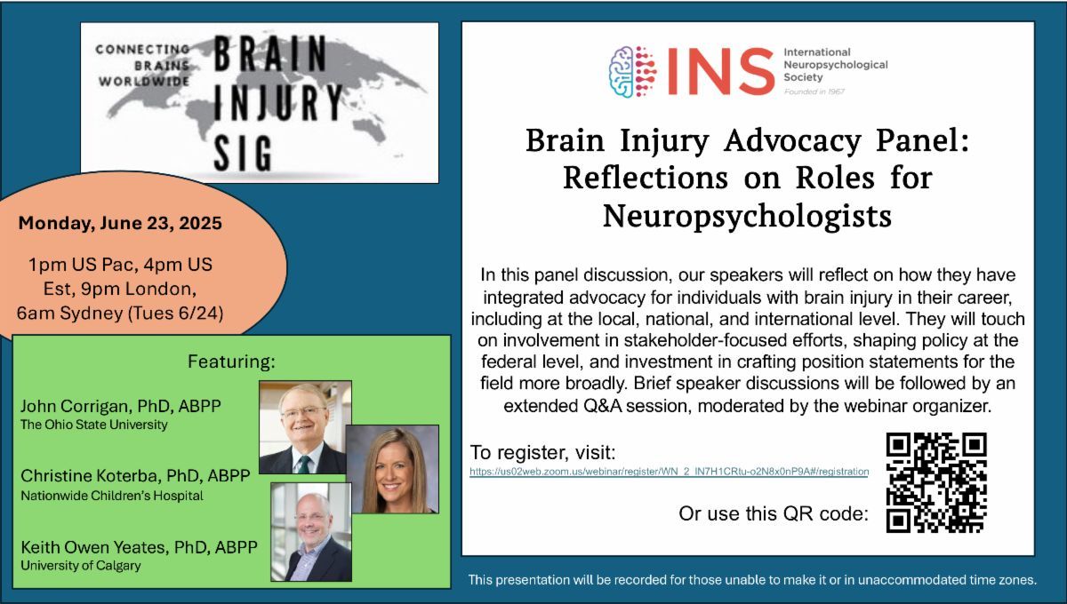 Join the Brain Injury SIG for a panel webinar on advocacy on Jun 23 at 4 PM US EST/Jun 24 at 9am Aus ACDT! Hear Drs. Koterba, Yeates, &amp; Corrigan discuss how they have integrated advocacy for individuals with TBI from the local to international level! buff.ly/07Wz1Hw