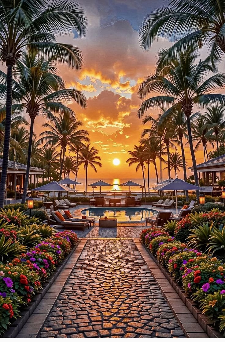 5HIN55's tweet photo. Indulge in the beauty of the sunset in a tropical paradise, where the palm-fringed pool reflects the golden sky and the flower-filled walkway leads you to the tranquility of the beach. Whether you want to relax or enjoy a romantic time, this is the perfect place for you. https://t.co/gjSOn0r69a
