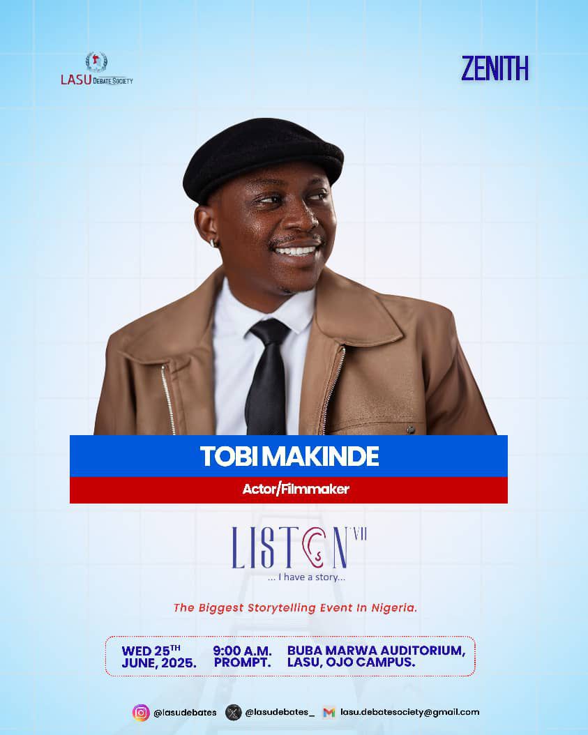 Lasudebates's tweet image. Meet our next Speaker, Tobi Makinde.

A celebrated Nigerian actor✅,
media entrepreneur✅,
The Executive Producer of The Tobi Makinde Show✅,
...and more

#Listen VII. Wednesday, June 25th 2025.