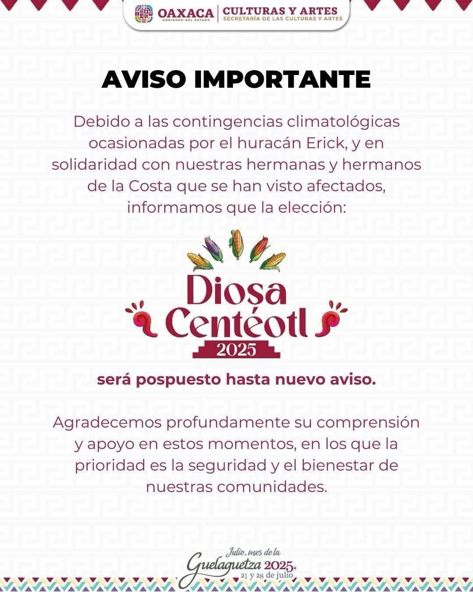 Se suspendió la elección de la Diosa Centéotl, en solidaridad con los damnificados por el huracán Erick.