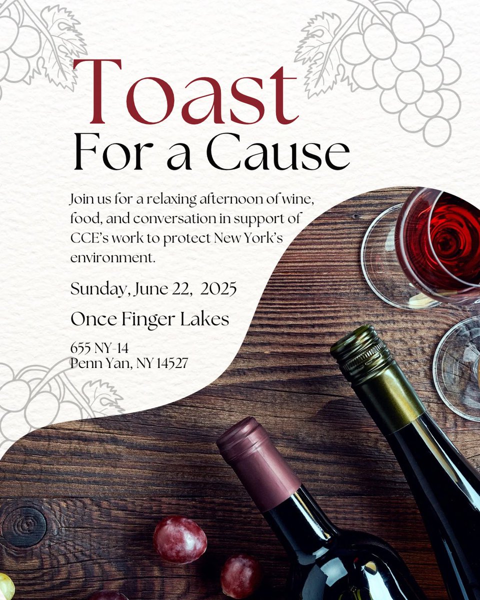 Happening TOMORROW! Join us at Once Finger Lakes for a Sunday well spent, sipping wine and supporting CCE!

10% of today’s sales will help us fight for clean water, clean energy, and a safer future. 🌍

📍 Once Finger Lakes
🗓 Sunday, June 22 | 11am-5:30pm

See you there! 🥂
