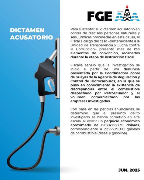 ‼️#URGENTE
Fiscalía pidió llamar a juicio a las 16 personas naturales y 6 jurídicas por su presunta participación en la trama de comercialización ilegal de combustible del caso Triple A. Entre ellos, consta el alcalde de Guayaquil, Aquiles Álvarez. La diligencia se reinstalará a