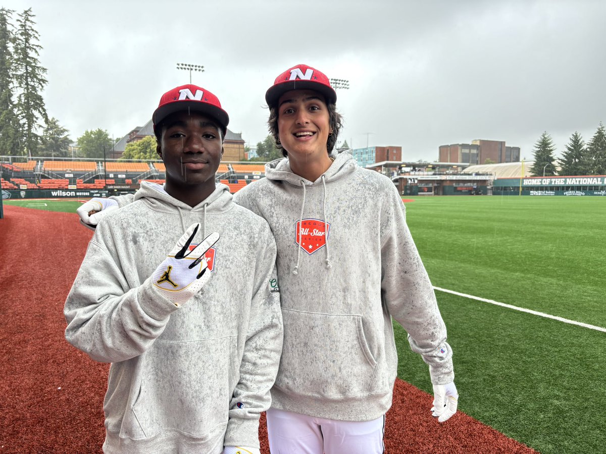 North teammates Danny Wideman of West Linn and Cooper Yudhishthu of <a href="/GrantBSB/">Grant Generals Baseball</a>. After two complete, South 1, North 0.