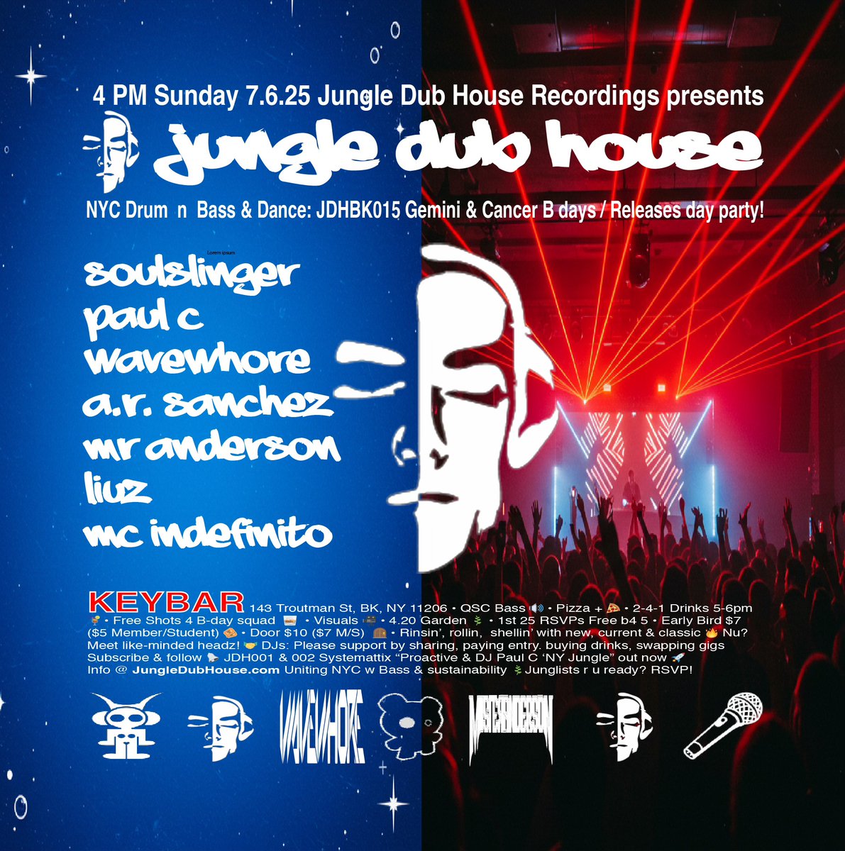 I'm playing the Jungle Dub House day party on Sunday 7/6/25 at Key Bar in Brooklyn, NYC!! Ticket link: jungledubhouse.com/event-details-…

#jungle #drumandbass #independenceday #party #electronicdancemusic #event #bushwick #brooklyn #newyorkcity #nightlife #bassmusic #breaks #breakbeat #dj