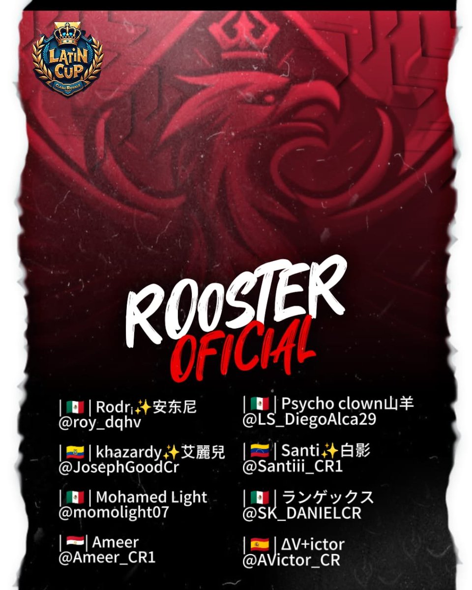 The Royal Order (@tro_oficial) on Twitter photo #presentacion
PresentaciΓ³n de nuestro Rooster Oficial para la <a href="/LatinCup_/">Latin Cup</a>
| π²π½ | <a href="/roy_dqhv/">Rodri:)</a>
| πͺπ¨ | <a href="/JosephGoodCr/">Joseph Cr</a>
| π²π½ | <a href="/momolight07/">@mohamed_temu</a>
| πͺπ¬| <a href="/Ameer_CR1/">Ameer</a>
| π²π½ | @LS_DiegoAlca29
| π»πͺ | <a href="/Santiii_CR1/">Santi</a>
| π²π½ | <a href="/SK_DANIELCR/">γ©γ³γ²γγ―γΉ</a>
| πͺπΈ | <a href="/AVictor_CR/">βV+ictor</a>
Nuestros jugadores para esta grandiosa compe. #presentacion
PresentaciΓ³n de nuestro Rooster Oficial para la <a href="/LatinCup_/">Latin Cup</a>
| π²π½ | <a href="/roy_dqhv/">Rodri:)</a>
| πͺπ¨ | <a href="/JosephGoodCr/">Joseph Cr</a>
| π²π½ | <a href="/momolight07/">@mohamed_temu</a>
| πͺπ¬| <a href="/Ameer_CR1/">Ameer</a>
| π²π½ | @LS_DiegoAlca29
| π»πͺ | <a href="/Santiii_CR1/">Santi</a>
| π²π½ | <a href="/SK_DANIELCR/">γ©γ³γ²γγ―γΉ</a>
| πͺπΈ | <a href="/AVictor_CR/">βV+ictor</a>
Nuestros jugadores para esta grandiosa compe.