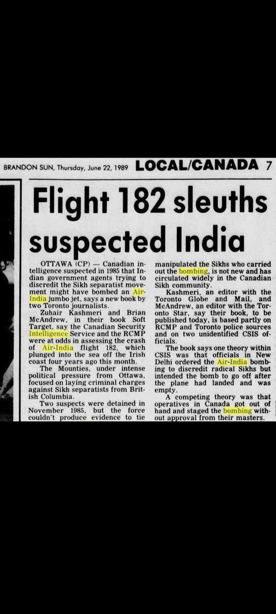 DrGandaSingh's tweet photo. The Brandon sun a Canadian news paper said this #AI82 plane blast was done by GOI 🇮🇳 and there’s Canadian/American reports that GOI 🇮🇳 did this terror act to blame Sikhs.there’s books written call Soft target and open secret exposing GOI 🇮🇳diplomats who were expelled from Canada. https://t.co/sEkGLjU5EK