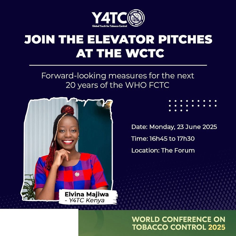 Catch Y4TC’s Elvina Majiiwa at the elevator pitches during #WCTC2025!

"Forward-looking measures for the next 20 years of the WHO FCTC."

Mark your calendars:

🗓️ Monday, June 23rd
⏰ 4:45 PM - 5:30 PM
📍 The Forum

Let’s shape a healthier future together! 
#WCTC2025 
#Y4TC