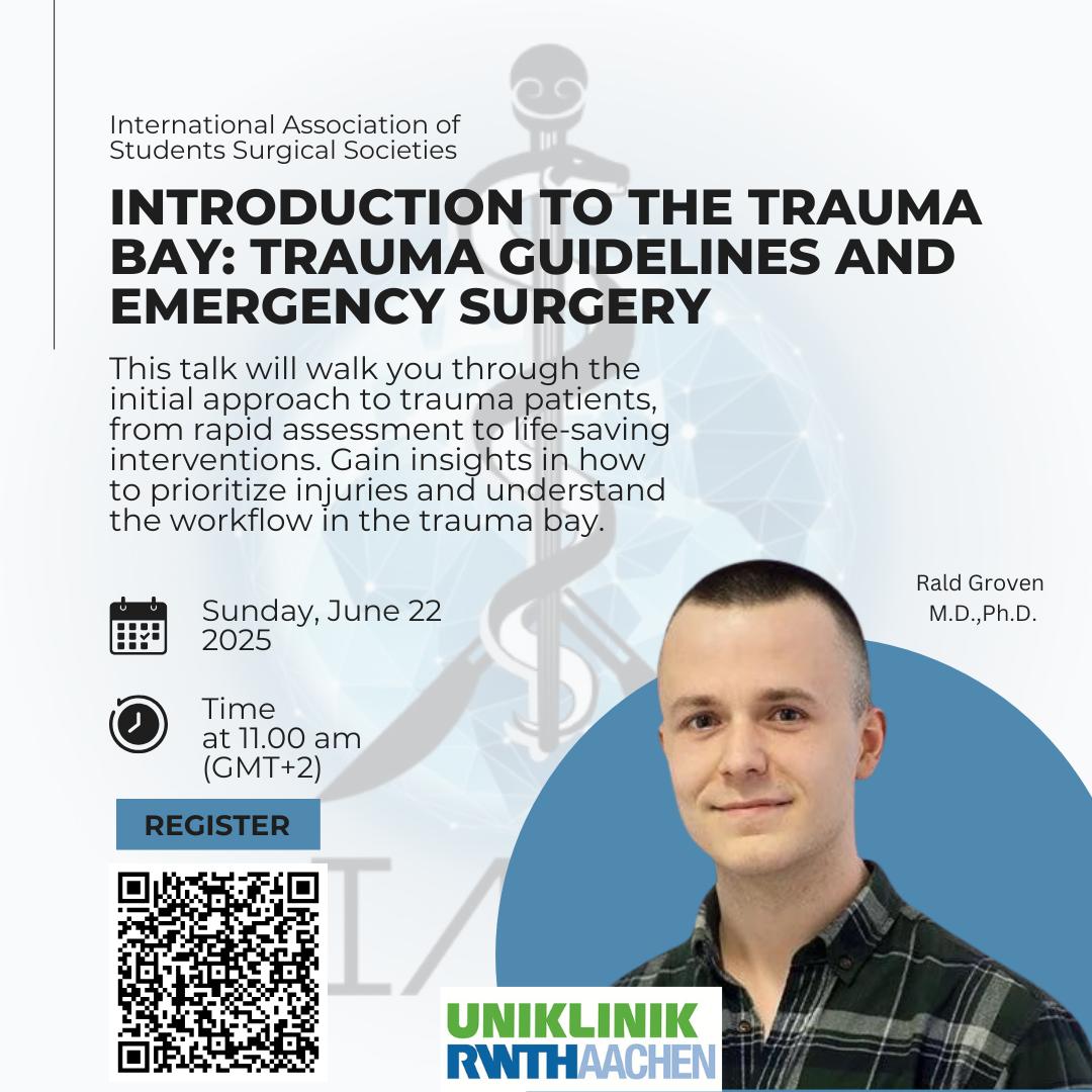 🚨 Ever wondered what happens inside a trauma bay?

Join us for an exclusive look into the fast-paced world of emergency care, where every second counts.
💻 Live on Zoom
Brought to you by IASSS as part of their 10th Anniversary series!

#TraumaBay #EmergencyMedicine #LiveCases