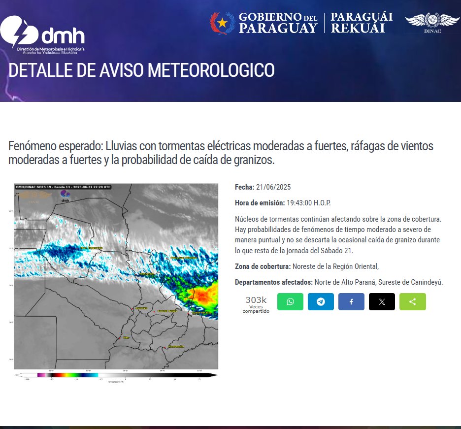Aviso Meteorológico N°: 748/2025 Emitido.
Enlace: meteorologia.gov.py/avisos/
Fecha: 21/06/2025
Hora: 19:42 h.