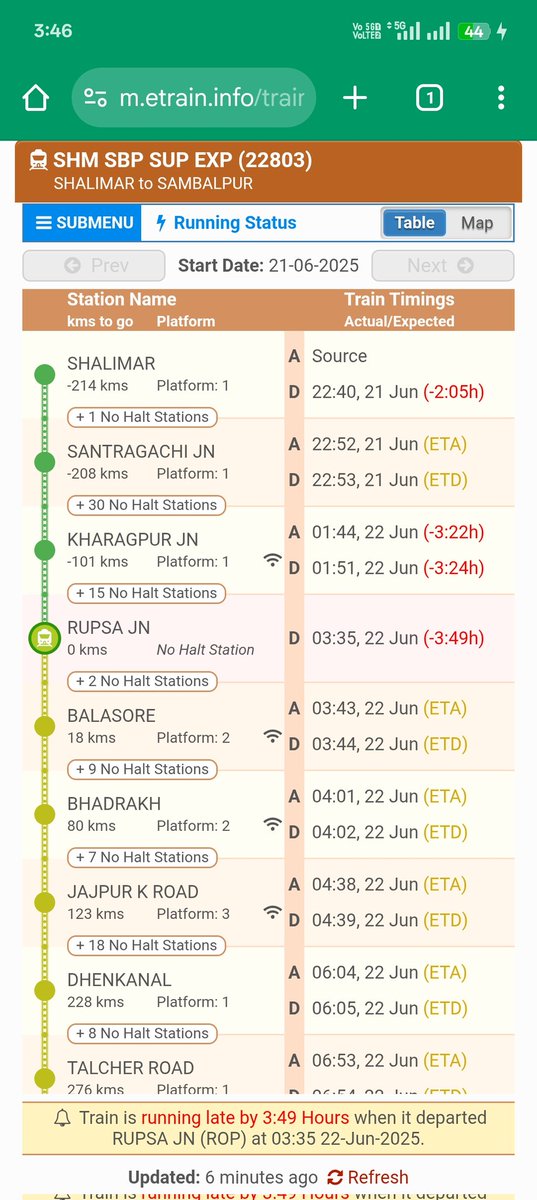 chhanda_d's tweet photo. Dear Sir
My  PNR number is 6928330179.
Train Number 22803.
From Jajpur K Road to Rairakhol on 22 Jun.
The Train time is 01:20 am ,but there are still no any updates. approximately 4 hrs late @RailMinIndia @AshwiniVaishnaw https://t.co/ABMJQ3Mveq