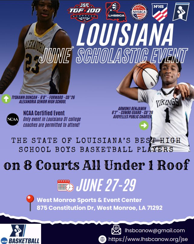 🚨 Schedule Released!

🏆 Boys Team Camp
📆 June 27-29th
📍 West Monroe, LA 

7️⃣7️⃣ Teams / 1️⃣4️⃣0️⃣ Games 

🗣️ The ONLY NCAA Certified event in the state all summer! Can’t miss event!

🔗 Schedule - basketball.exposureevents.com/243829/jse-tea…

🔗 College Coaches Packet - lhsbcanow.org/event-details/…