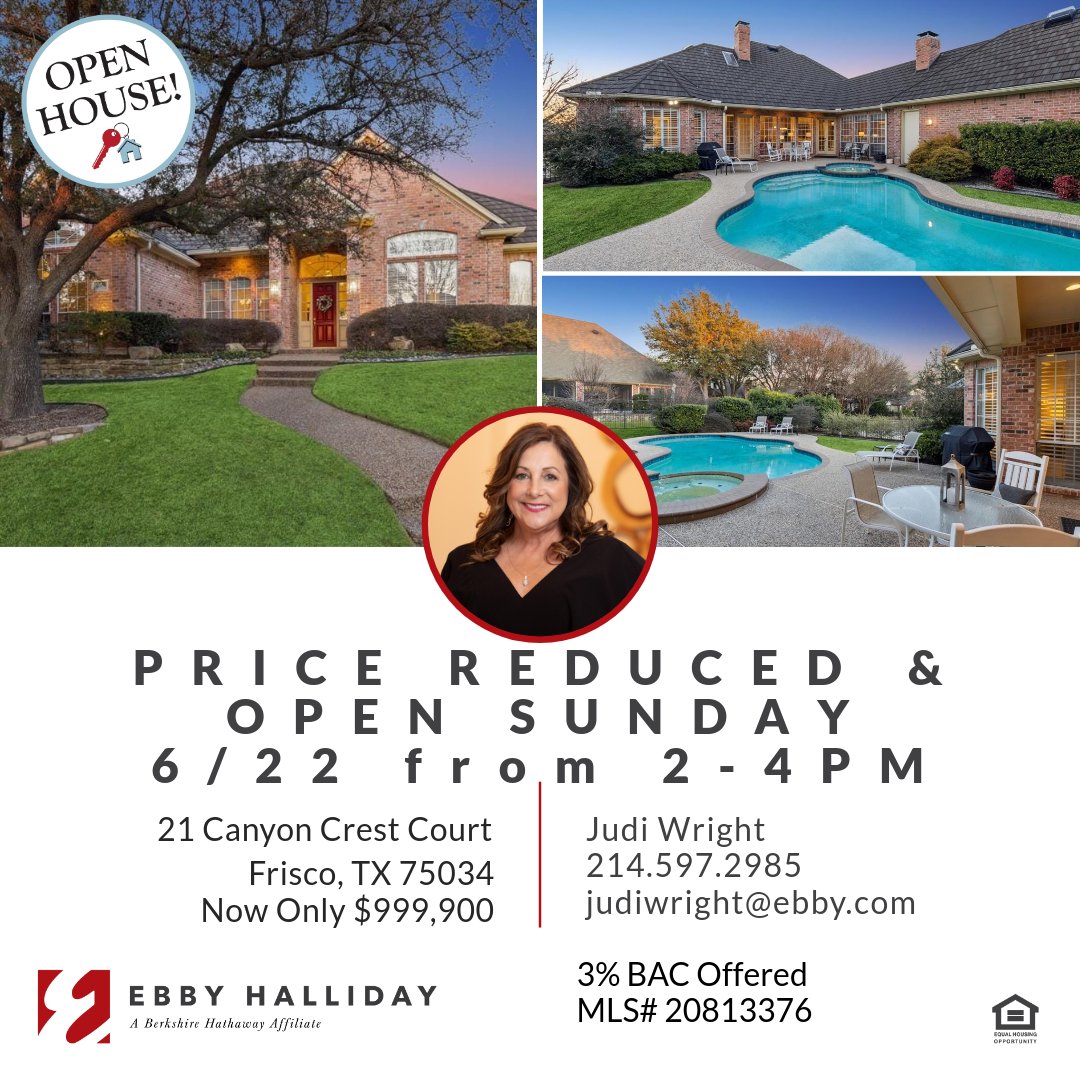 judiwrightteam's tweet image. It will be hot outside tomorrow, but we'll have the AC on! Drop on by to see us at 21 Canyon Crest in Frisco, TX in gated/guarded Stonebriar Village.  Open Sun 6/22 from 2-4PM!

#openhouse #openhousesunday #friscoopenhouses #stonebriarhomes #stonebriarvillage #thejudiwrightteam
