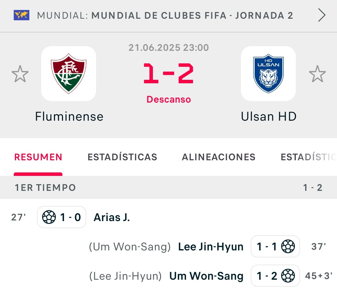 Qué locura de partido. Se adelanta Fluminense en el 27' con golazo de Jhon Arias y remonta Ulsan HD en el 38' y 48'. #FIFACWC

Viva el Mundial de Clubes y el fútbol sin corrupción <a href="/rfef/">RFEF</a> / <a href="/CTARFEF/">CTA</a> 💰
#FIFAClubWorldCup2025