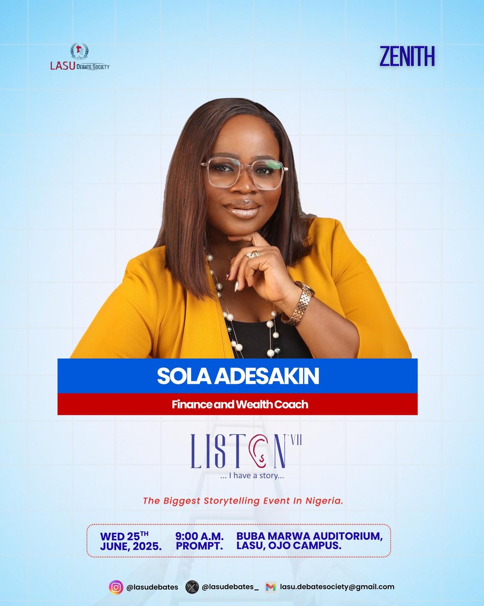 Lasudebates's tweet image. Meet our next Speaker, Sola Adesakin.
A global wealth coach, Author of 8 bestsellers, mentor in top global programs, and a leading voice in women’s financial empowerment. 

And she&apos;s bringing all these, and more, to the #Listen stage.
Don&apos;t miss it!