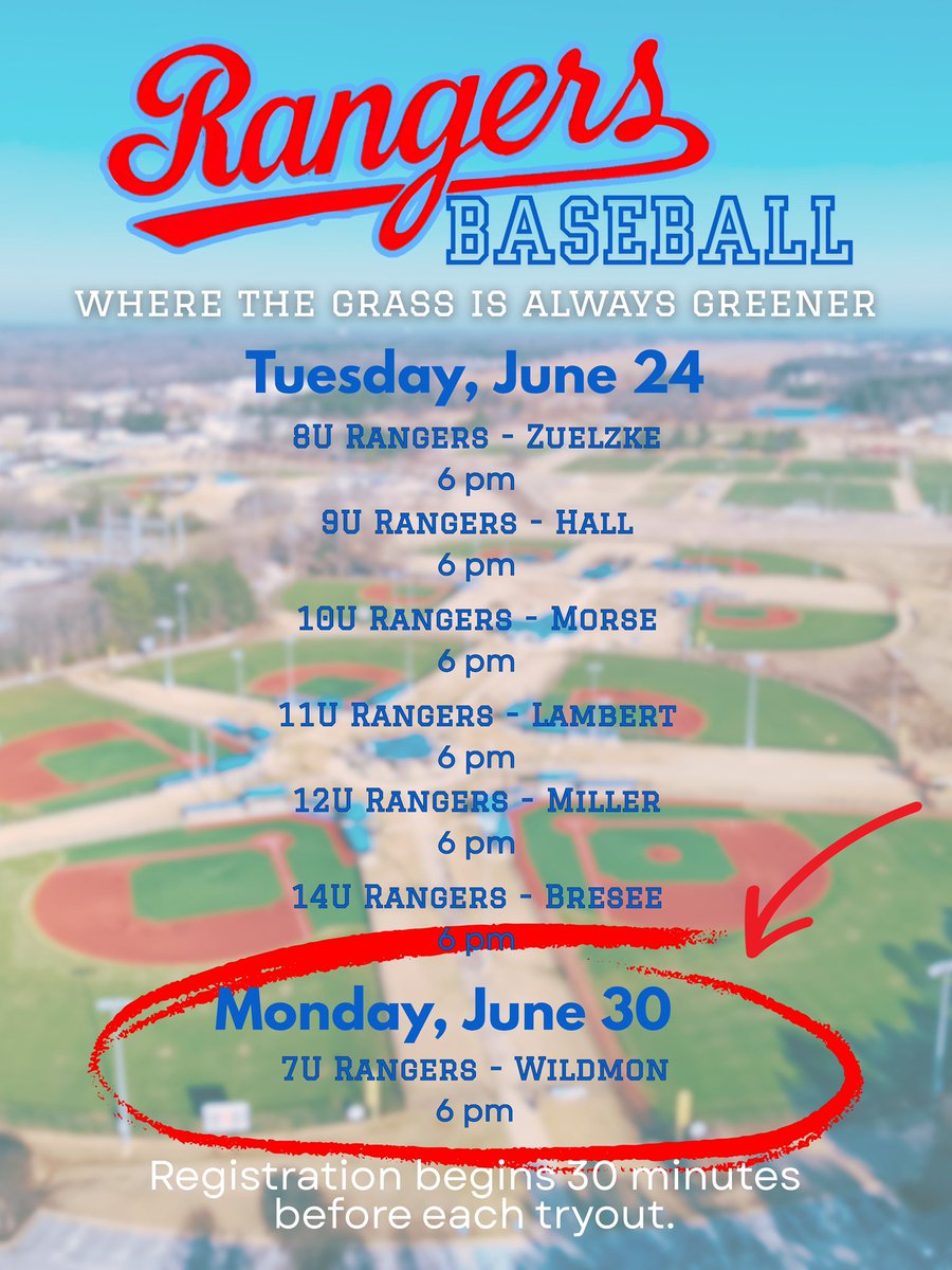 TYBABaseball's tweet image. The next wave of Rangers tryouts is coming up! Registration is now live for the NEW 7U team also. Those tryouts will be held Monday, June 30 at 6 pm.

Register below for 2025-2026 Ranger tryouts:
forms.gle/4sftTYiHJq5Mp1…