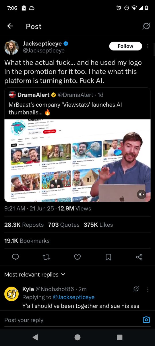 Noobshot86's tweet photo. @MrBeast You used to complain about someone stealing your content and then you turn around and steal and use people's logos and an ad for AI slop you've literally become what you used to hate. https://t.co/4e7BnvPf6j