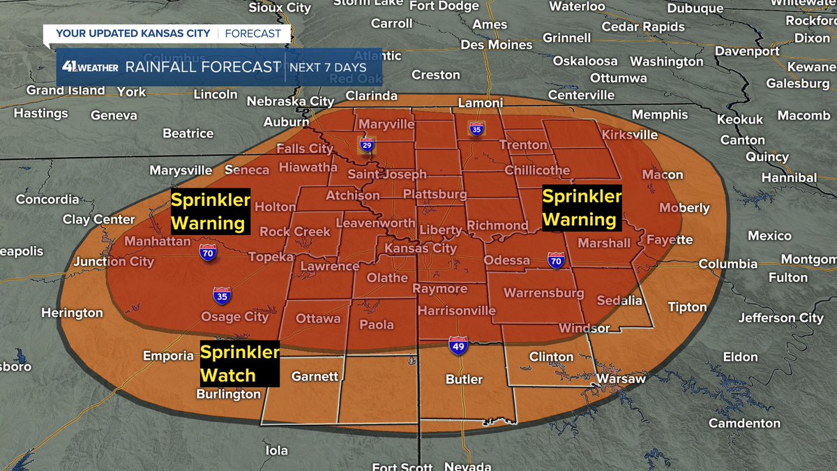 Jeff Penner (@jeffpennerkshb) on Twitter photo SPRINKLER WARNING:
Rain chances the next 5-7 days are quite low. Northwest Missouri & northeast Kansas do have a bit better rain chances, but they have seen low rainfall totals all Spring.
It takes 1.00"-1.50" per week to keep the yard green this time of year. <a href="/KSHB41/">KSHB 41 News</a> SPRINKLER WARNING:
Rain chances the next 5-7 days are quite low. Northwest Missouri & northeast Kansas do have a bit better rain chances, but they have seen low rainfall totals all Spring.
It takes 1.00"-1.50" per week to keep the yard green this time of year. <a href="/KSHB41/">KSHB 41 News</a>
