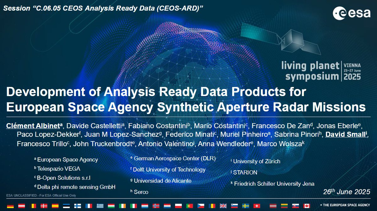 IDEAS-QA4EO (@qa4eocalval) on Twitter photo 📡 Thu 26 June, 14:30, Hall K1
Want easier, faster access to radar satellite data? ESA & DLR are teaming up to make ready-to-use SAR products that work great in the cloud. 
Come hear how CEOS Analysis Ready Data is changing the game! 
#LPS25
lps25.esa.int/programme/prog… 📡 Thu 26 June, 14:30, Hall K1
Want easier, faster access to radar satellite data? ESA & DLR are teaming up to make ready-to-use SAR products that work great in the cloud. 
Come hear how CEOS Analysis Ready Data is changing the game! 
#LPS25
lps25.esa.int/programme/prog…