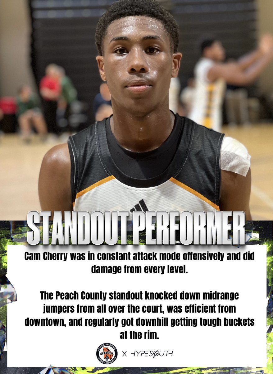 <a href="/GAcoaches/">GBCA</a> x <a href="/HypesouthMedia/">Hypesouth Media & Athletics</a>
𝗦𝘁𝗮𝗻𝗱𝗼𝘂𝘁 𝗣𝗲𝗿𝗳𝗼𝗿𝗺𝗲𝗿

Peach County 2026 G Cam Cherry has been one of the more productive offensive players in Middle Georgia over the past 3 years and that trend has continued this weekend at GBCA Live.

He pumped in 19 points per game