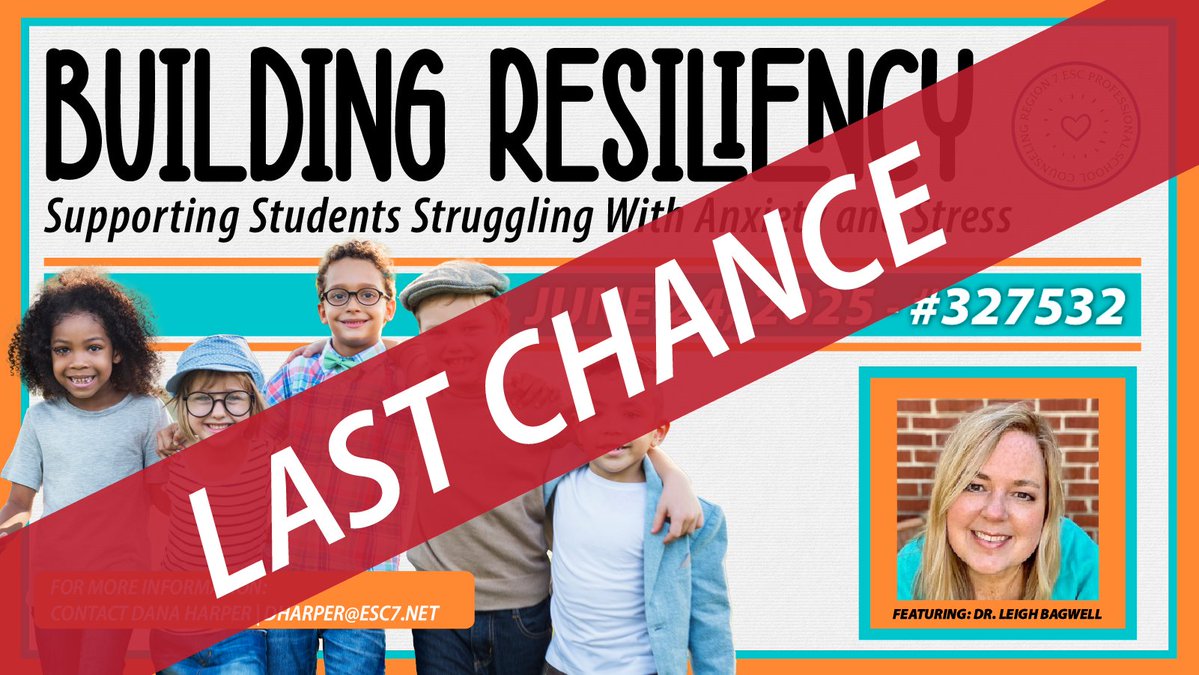 📅 One month away!
 ✨ Helping Students Manage Anxiety &amp; Stress w/ Dr. Leigh Bagwell

✅ Spot the signs
 ✅ Calming strategies
 ✅ Practical interventions
 🎁 Bonus: Resource pack!

🔗 Register: bit.ly/3CLUpd4 

#StudentWellbeing #MentalHealthMatters #Region7ESC #SEL