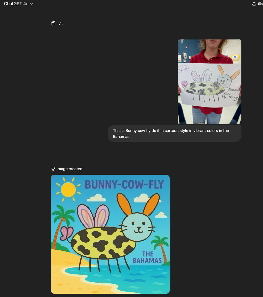 coolcatteacher's tweet image. Meet the &quot;bunny cow fly&quot; invented by my student. 
At the end of the school year, my students started bringing me pictures and we crafted prompts together.
This was a day I had to substitute teach for 7th graders and we used my ChatGPT pro account.
#AIintheclassroom
#classroomAI