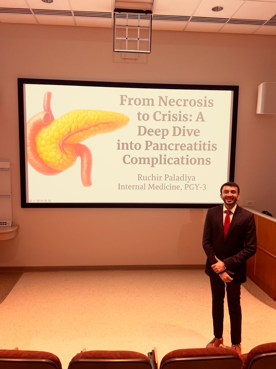 PaladiyaRuchir's tweet image. Ending PGY-3 year with Grand Rounds presentation on “From Necrosis to Crisis: A Deep Dive into Pancreatitis Complications”

🔍 Case Highlights:
• 🧬 Severe necrotizing pancreatitis of unclear etiology
• 🩸 Gastroduodenal artery bleed → IR coil embolization
• 🔄…