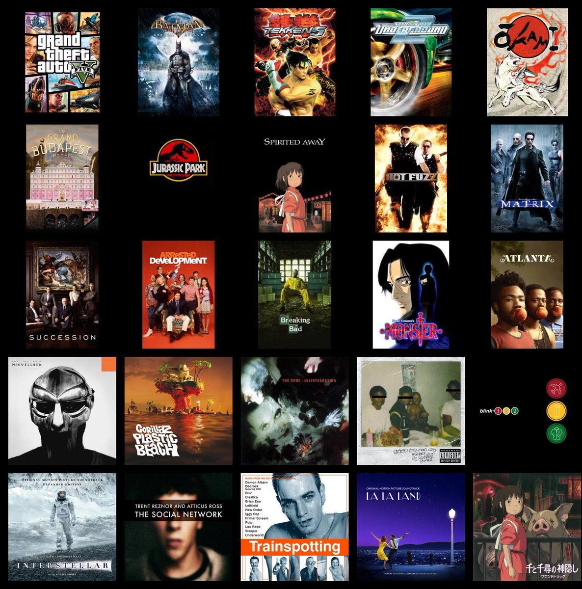 get to know me with:

5 games
5 films
5 tv shows
5 albums
5 soundtracks