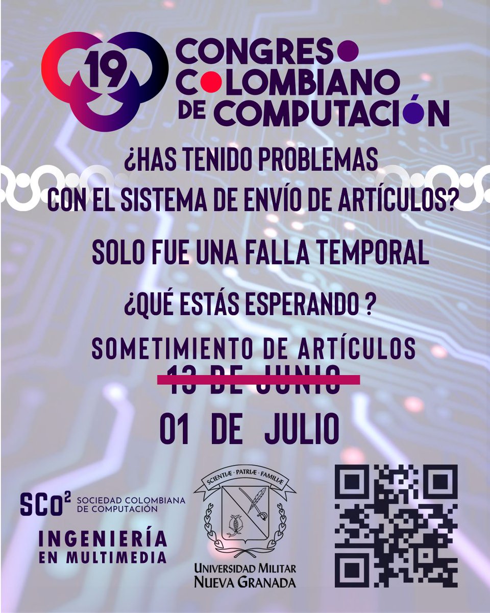 ¡Ya puedes subir tu artículo! Hemos actualizado el link 👉cmt3.research.microsoft.com/19CCC2025 . 

Así que ahora no hay excusas para enviar tu artículo al 19CCC. 😉

 Fecha límite es el 1 de julio.

Conoce todos los requisitos y condiciones en: sco2.org/19cccesp/

¡Te esperamos!