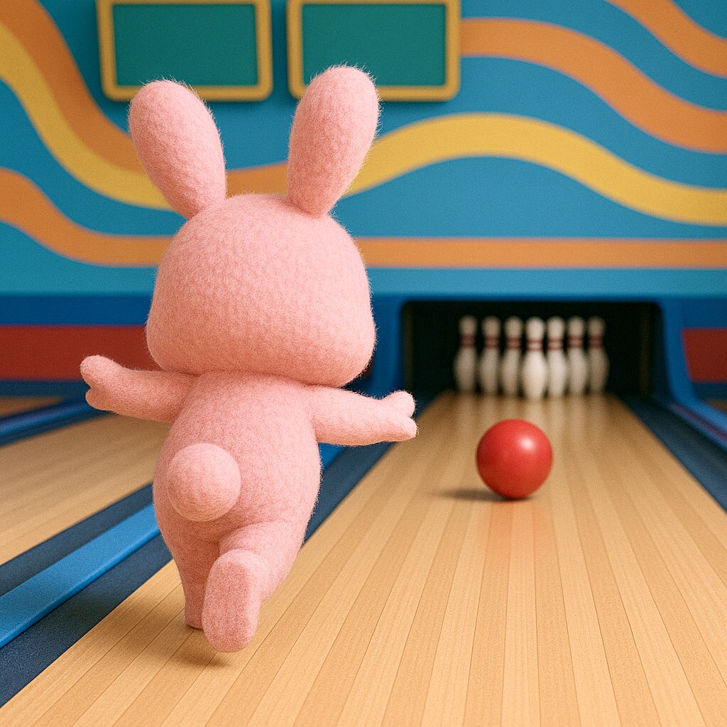 🐰
おはようございます☀️
6/22は、「ボウリングの日」🧘‍♀️

ルナも、ボウリングーーー🎳

あっ💦　🐰レーンの中に入ってる🤣

#CNP #ルナ　#ピンクのうさぎ　#うさぎ
#ChatGPT  #AIアート　#ファンアート
