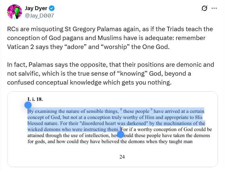 Vatican 2 does not say that the Muslim conception of God is salvific either.  This is what Jay is getting twisted. We believe that in some sense Muslims and other Monotheists have the same object of worship but that it is flawed, incomplete, and unable to bring salvation.