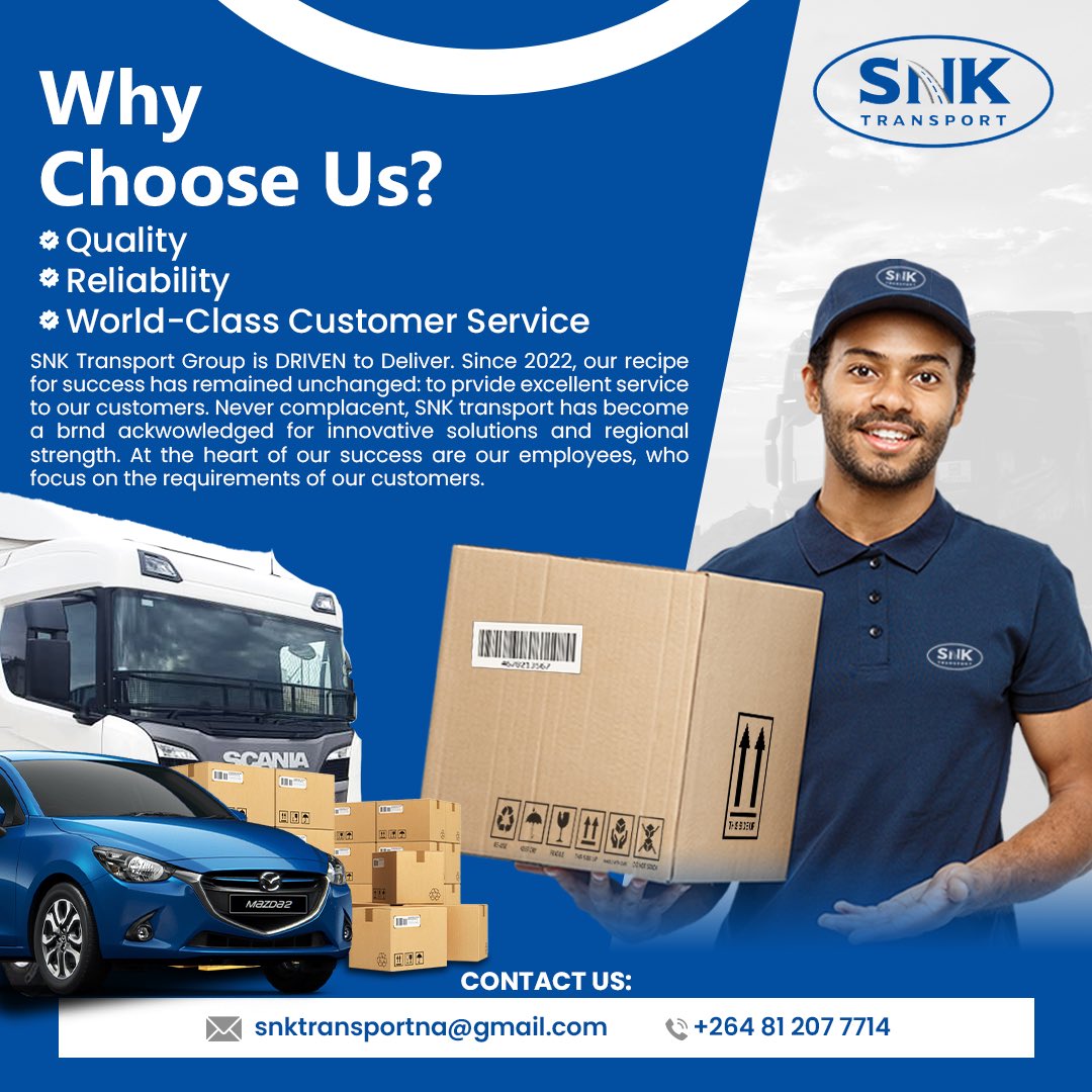 SNKTransportNam's tweet photo. Reliable. Affordable. Always on time.

SNK Transport delivers with care across Namibia and beyond.
Driven to serve you better, every mile of the way. https://t.co/mi1idFiGID
