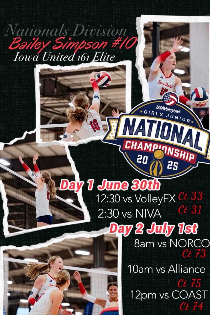 Bailey Simpson (@bailey_simp10) on Twitter photo Day ☝🏻& Day ✌🏻 schedules are out for <a href="/usavolleyball/">USA Volleyball</a> Nationals at Dallas next week! So excited to for our <a href="/IowaUnitedVB/">Iowa United Volleyball</a> 161 Elite team to compete‼️#USAV #GJNC Day ☝🏻& Day ✌🏻 schedules are out for <a href="/usavolleyball/">USA Volleyball</a> Nationals at Dallas next week! So excited to for our <a href="/IowaUnitedVB/">Iowa United Volleyball</a> 161 Elite team to compete‼️#USAV #GJNC