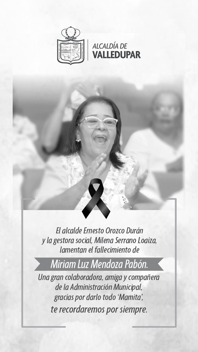 Hoy despedimos a La Mamita, una mujer valiente, luchadora y quien nos dejó mucho legado en nuestra Oficina de Gestión Social. Gracias Miriam por tu amor y dedicación para Valledupar,