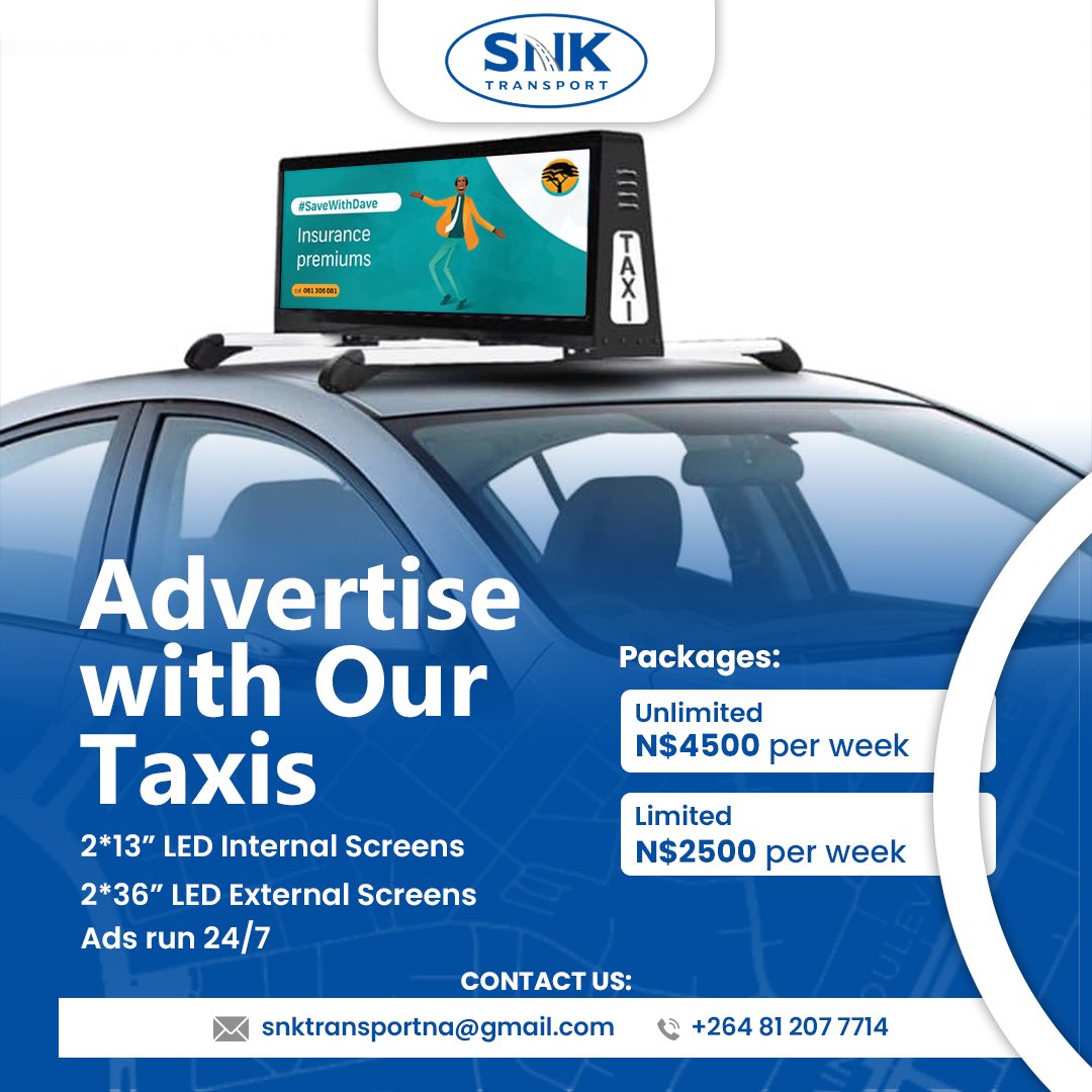 SNKTransportNam's tweet photo. Maximize your brand’s reach with SNK Transport’s digital taxi ads, 24/7 visibility across the city!
Choose from affordable weekly packages starting at just N$2500 and get noticed where it matters most.
Maximize your brand’s reach with SNK Transport’s digital taxi ads. https://t.co/YpClQc5Ohe