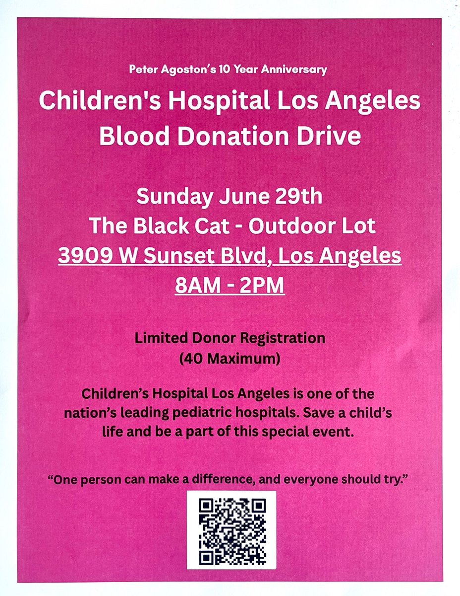 Next Sunday 6/29 in LA. Give back, by donating blood to kids in need. Not for me, or even yourself, for them. Register via QR code, be cool, do it!