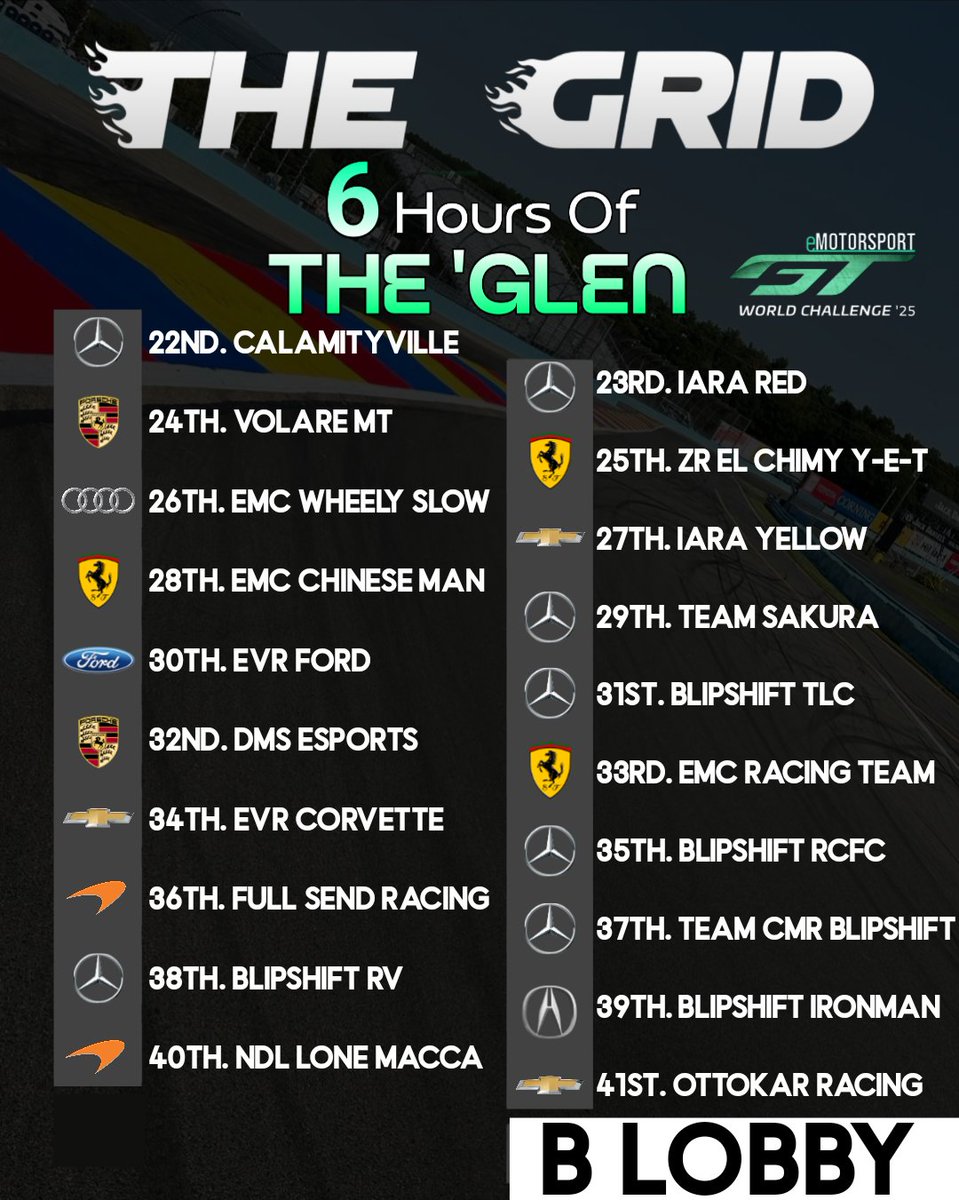eMotorsport Championship (@go_emotorsport) on Twitter photo The final grid is set for tomorrow's #eMC6HoursOfTheGlen! 41 teams will hit the track to battle it out for 6 intense hours. Join us LIVE at 10am ET on our Twitch for 6 hours of full coverage!
<a href="/ForzaMotorsport/">Forza Motorsport</a> The final grid is set for tomorrow's #eMC6HoursOfTheGlen! 41 teams will hit the track to battle it out for 6 intense hours. Join us LIVE at 10am ET on our Twitch for 6 hours of full coverage!
<a href="/ForzaMotorsport/">Forza Motorsport</a>