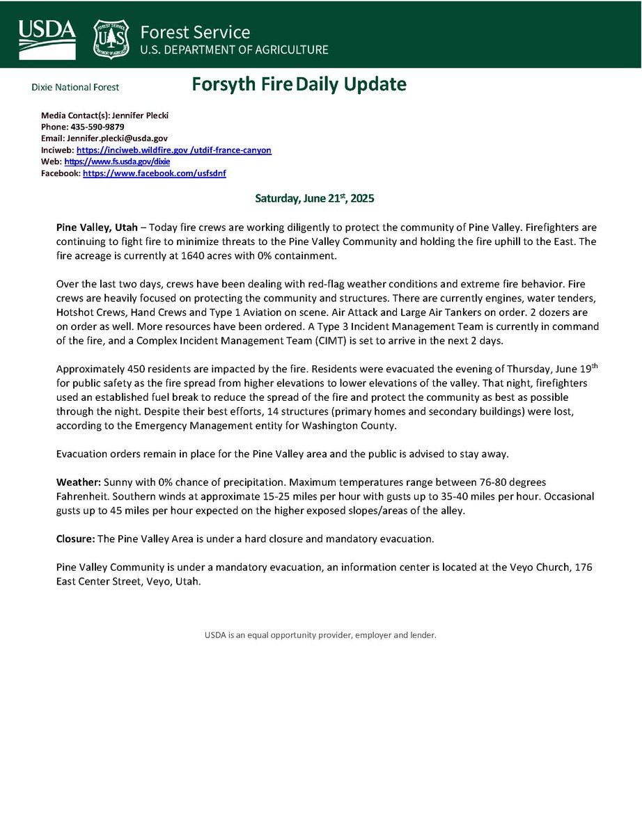 usfsdnf's tweet photo. Dixie National Forest Forsyth Fire Daily Update
Saturday, June 21st, 2025
Pine Valley, Utah – Today fire crews are working diligently to protect the community of Pine Valley. Firefighters are continuing to fight fire to minimize threats to the Pine Valley Community and holding https://t.co/PDm3iOCzMV