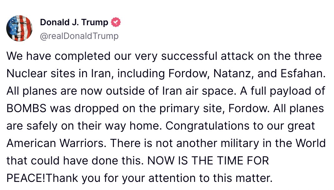 DegenerateNews's tweet photo. NEW: TRUMP SAYS "WE HAVE COMPLETED OUR VERY SUCCESSFUL ATTACK ON THE THREE NUCLEAR SITES IN IRAN, INCLUDING FORDOW, NATANZ, AND ESFAHAN. ALL PLANES ARE NOW OUTSIDE OF IRAN AIR SPACE" https://t.co/AQEXeW2FM7