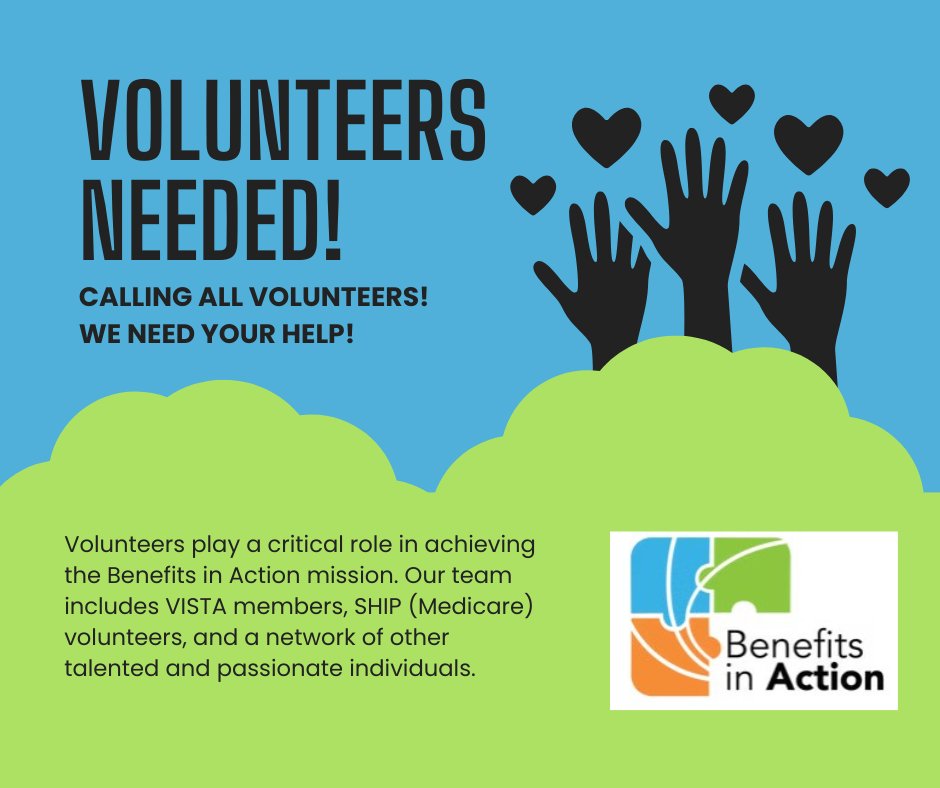 We need volunteers like YOU in order to keep our organization running! Would you like to make a difference in the community? Check out our volunteer opportunities here. 
#volunteer #benefitsinaction #volunteersneeded
benefitsinaction.org/volunteers