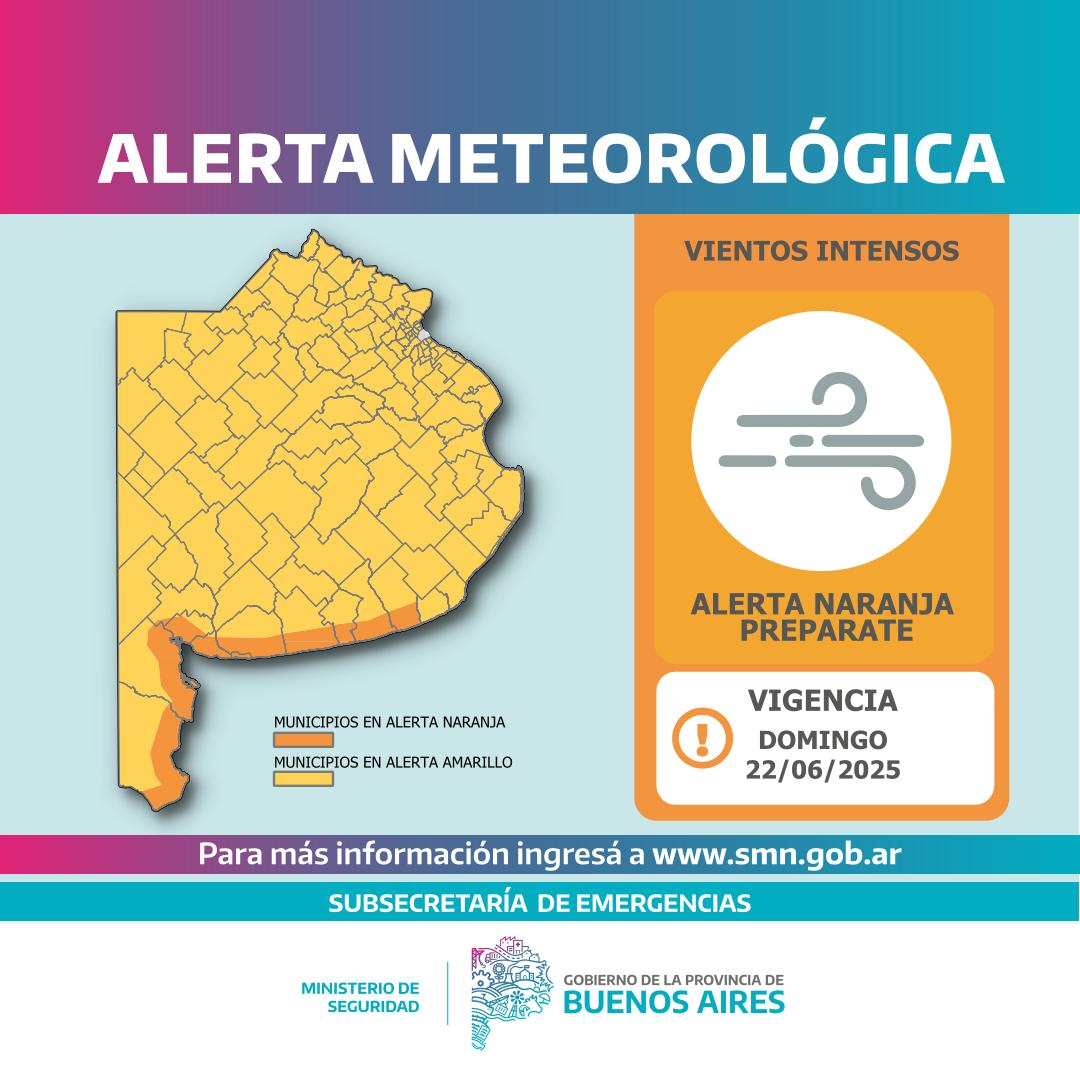 ⚠️ | Información importante

⛈️ El Servicio Meteorológico Nacional emitió un alerta por vientos intensos para este domingo 22.

Los municipios en naranja serán afectados por vientos del sudoeste con velocidades entre 45 y 60 km/h y ráfagas que pueden superar los 90 km/h de forma
