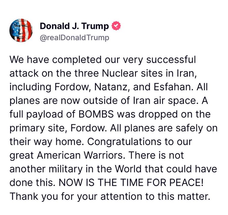 media_express_e's tweet photo. 🇺🇸🇮🇱🇮🇷 ALERTE INFO – Le président Trump annonce que les États-Unis ont mené des frappes sur les sites de Fordow, Natanz et Ispahan en Iran. Tous les appareils impliqués sont hors de l’espace aérien iranien.

#ÉtatsUnis #Iran #Trump #Fordow #Natanz #Ispahan #Israel https://t.co/qoM8ob2rwi