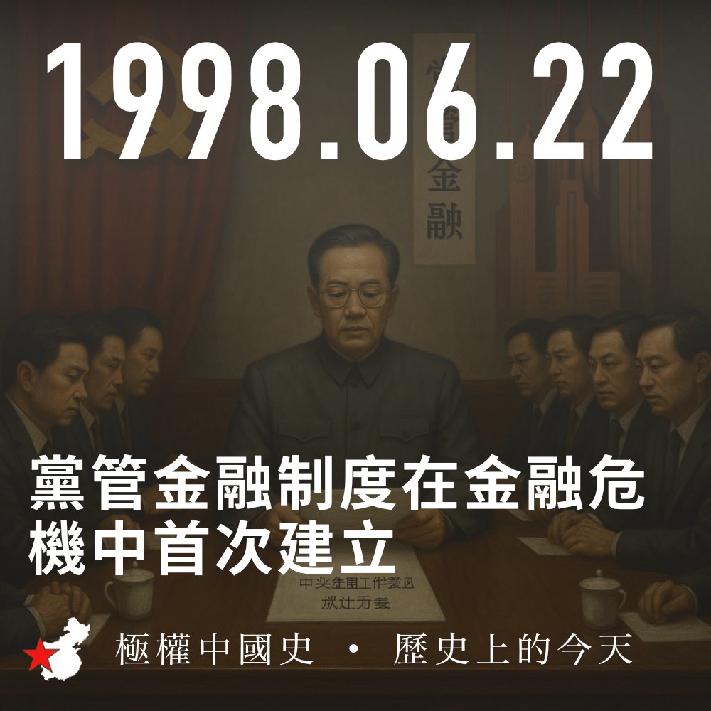 1998年6月22日，「党管金融」。在98金融危机后，中国首次设立“中央金融工作委员会”，建立党管金融模式。此次管理于2003年结束。在2023年3 月，习近平再次建立该组织，党管金融时代继续。这当然是个糟糕的信号。 #极权中国史历史上的今天