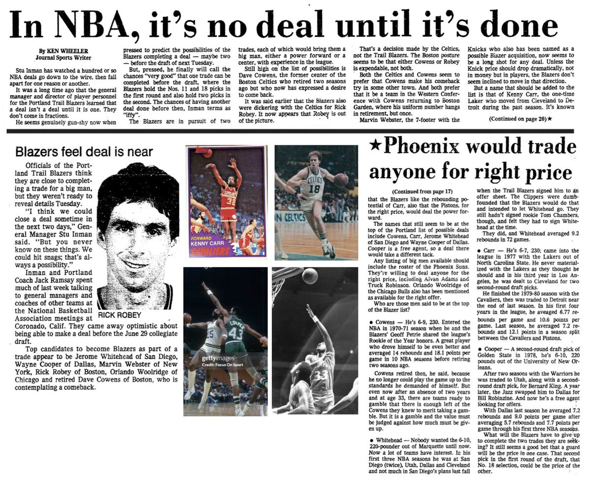 77Blazers's tweet photo. June 22, 1982 - With a week to go before the 1982 @NBADraft, the @trailblazers are looking to make a deal for a big man to replace #KermitWashington, who retired mid-season.
A few names mentioned that the #Blazers are looking at are #RickRobey of the @celtics, #JeromeWhitehed of the #SanDiegoClippers, #WayneCooper of @dallasmavs, and #KennyCarr of the @DetroitPistons.
In addition, there are teams interested in former #Celtics great #DaveCowens who retired two years ago. Cowens is 33 years old and is rumored to be making a comeback with the right team.
#RipCity #ThisDateinBlazersHistory #OTD
