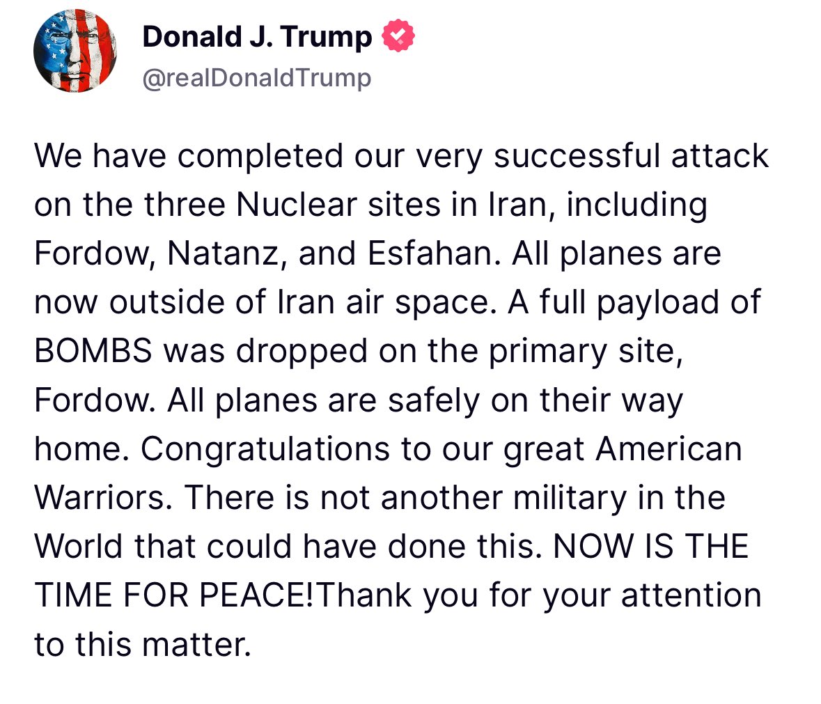 Lauren Tomasi (@laurentomasi) on Twitter photo Donald Trump announces the US has carried out attacks on nuclear sites in Iran. <a href="/9NewsAUS/">9News Australia</a> Donald Trump announces the US has carried out attacks on nuclear sites in Iran. <a href="/9NewsAUS/">9News Australia</a>
