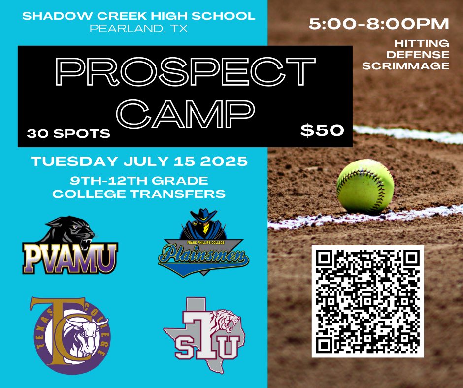 📍Greater Houston Area
July 15th 
5-8pm 

9th-12th Grade
College Transfers

Texas College
Prairie View A&amp;M
Texas Southern 
Frank Philips 

Scan the QR code to reserve your spot before they fill up!