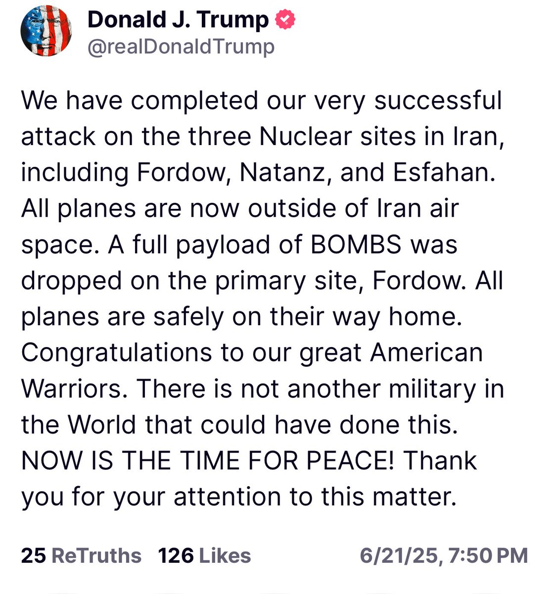 🚨 Trump took out all three nuclear sites per his Truth Social !!!!