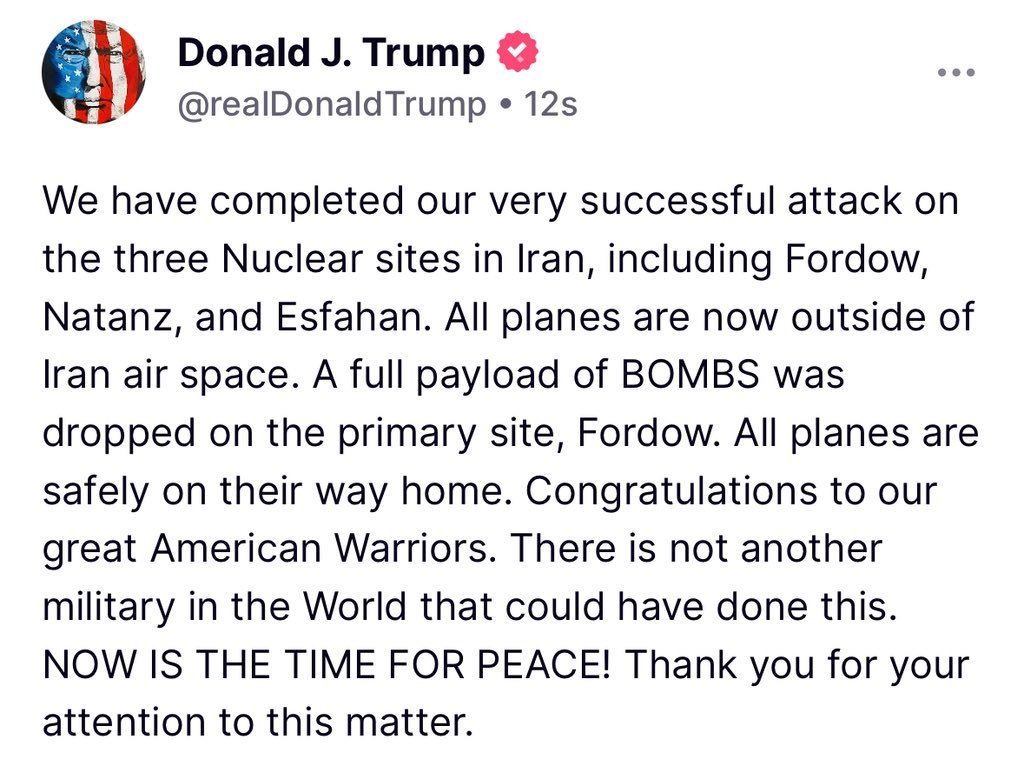 RobertBluey's tweet photo. 🚨 BREAKING: TRUMP LAUNCHES U.S. STRIKE ON 3 IRANIAN NUCLEAR SITES https://t.co/7VG7FxLFFY